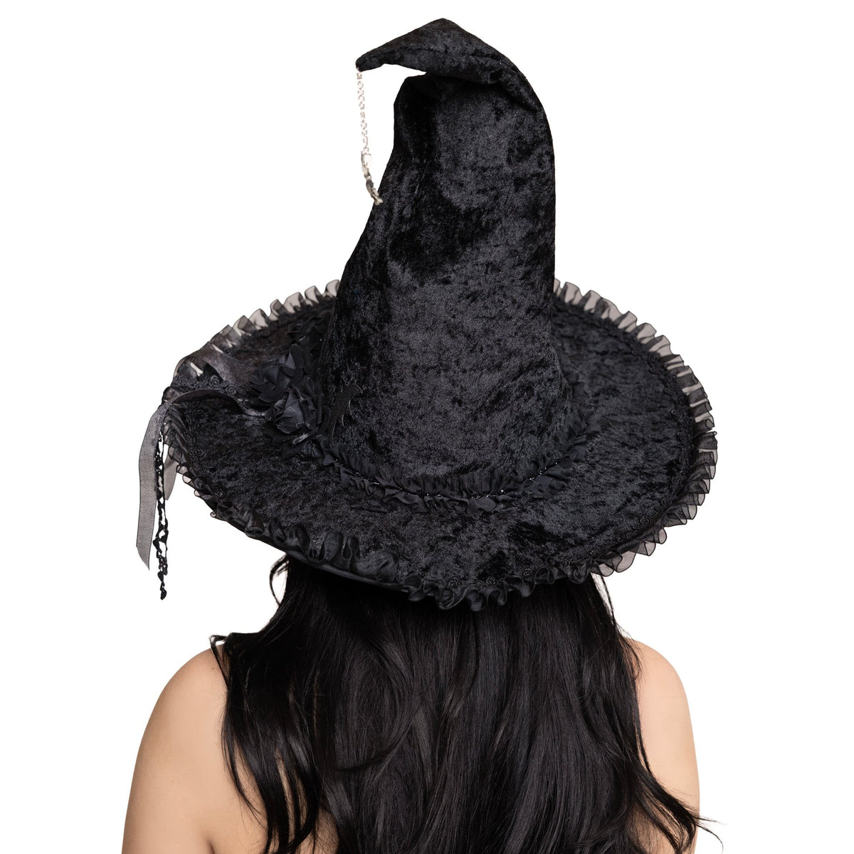 Detail view of black velvet witch hat - Golddiggers Boutique