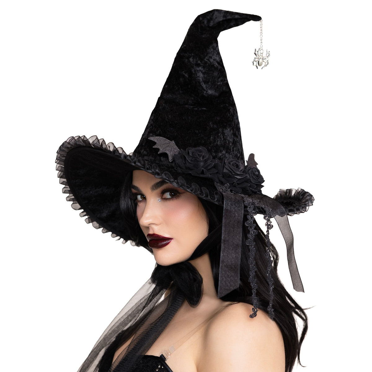 Detail view of black velvet witch hat - Golddiggers Boutique