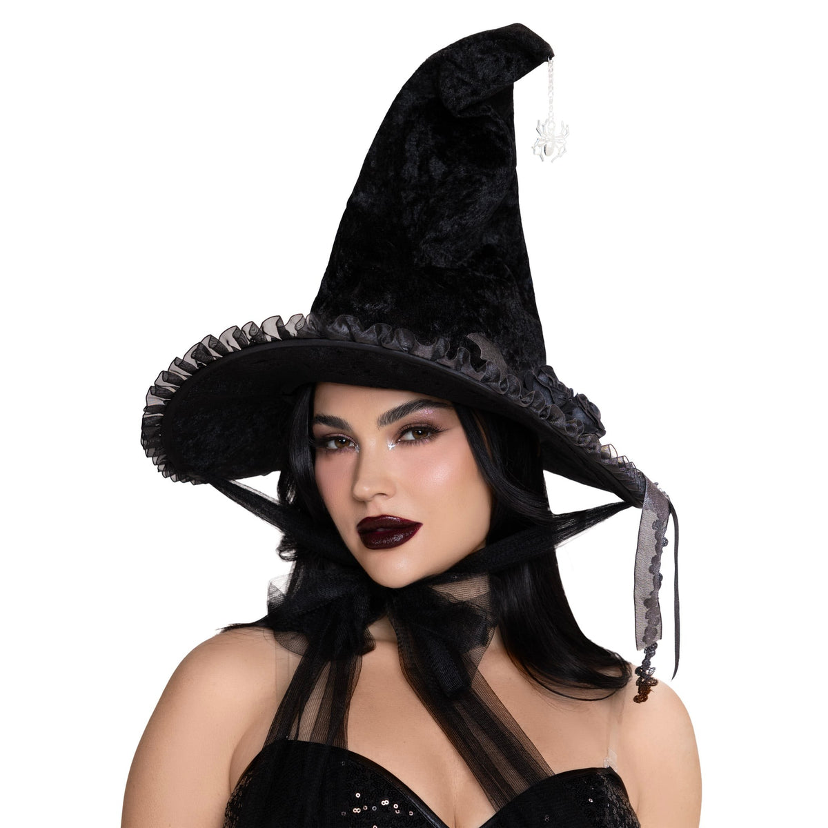 Front view of black velvet witch hat - Golddiggers Boutique