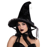 Front view of black velvet witch hat - Golddiggers Boutique