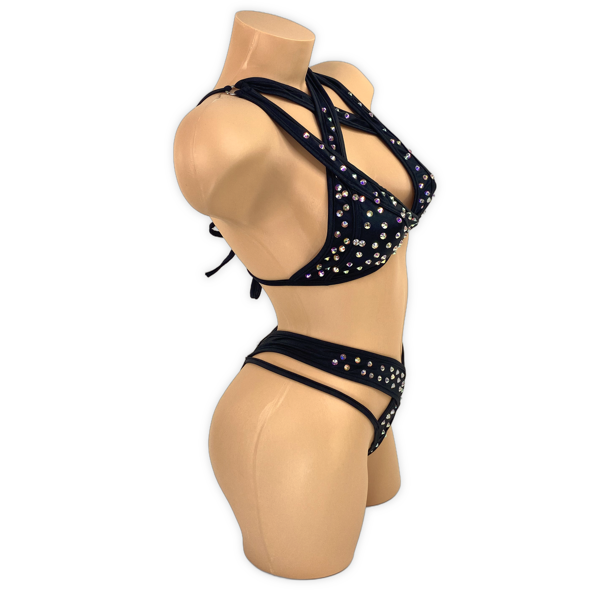 Black Vesper rhinestone strappy set side view on mannequin