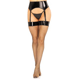Front view of black vinyl garter belt with attached fishnet stockings and g-string - Golddiggers Boutique