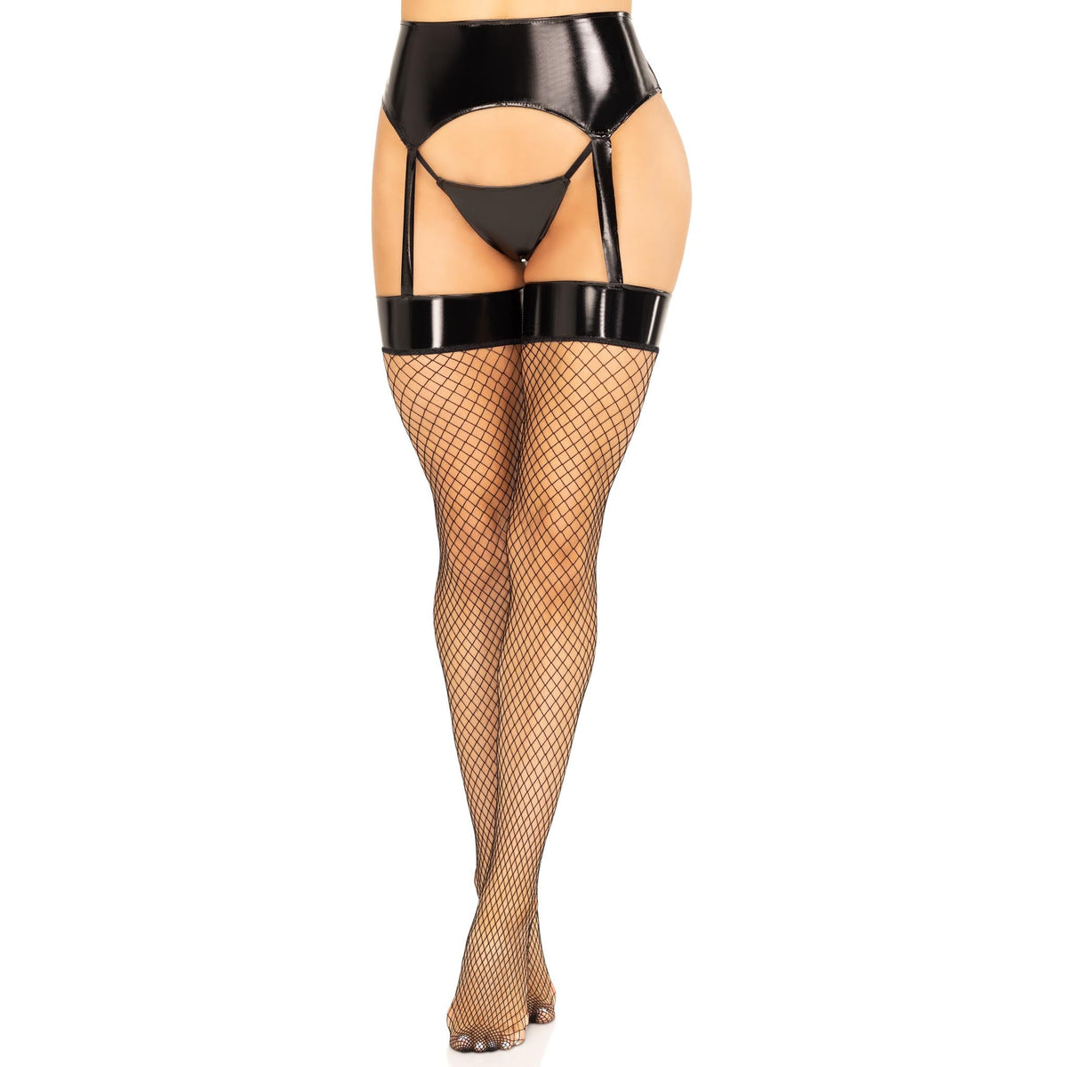 Front view of black vinyl garter belt with attached fishnet stockings and g-string - Golddiggers Boutique