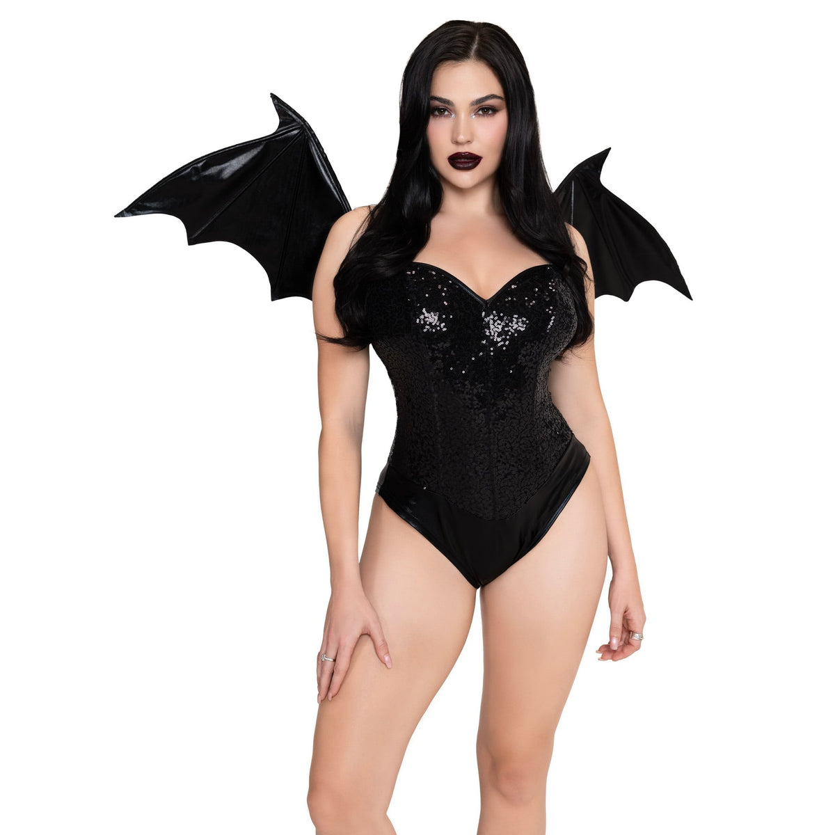Detail view of black wet look strapless bat wings - Golddiggers Boutique