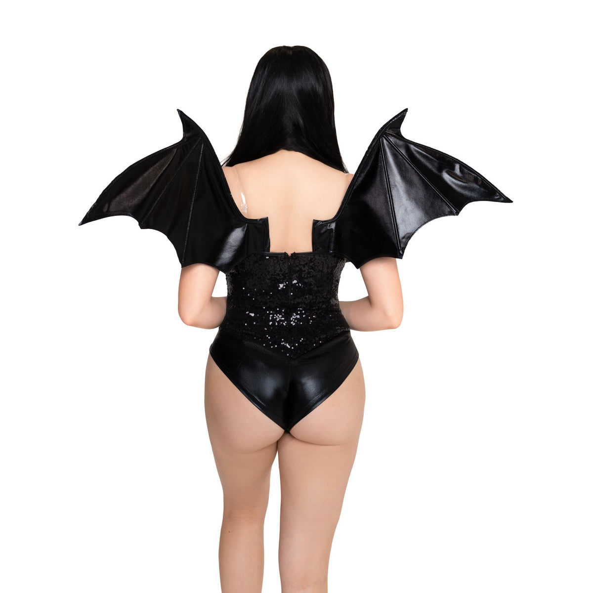 Front view of black wet look strapless bat wings - Golddiggers Boutique
