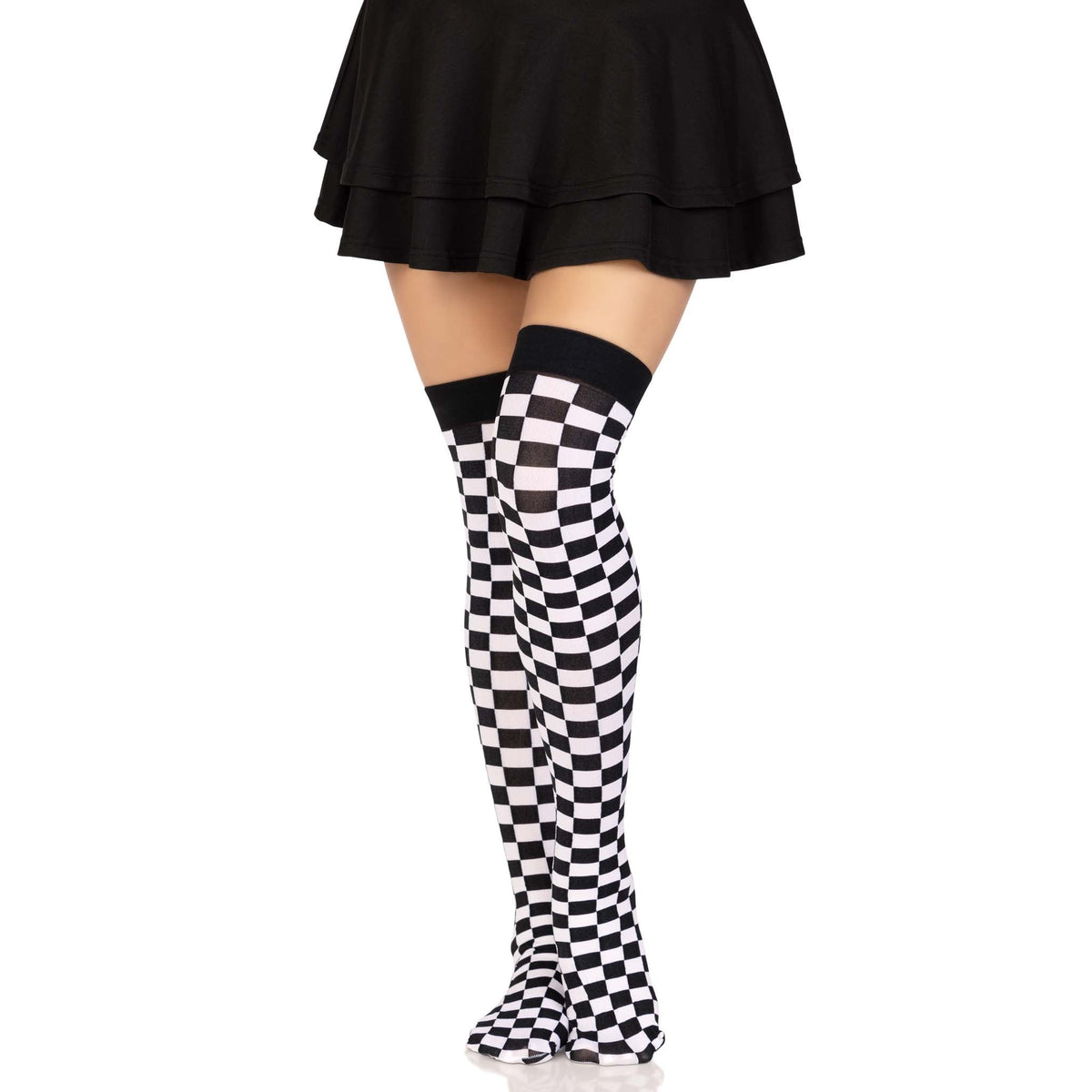 Front view of black & white checkerboard thigh highs - Golddiggers Boutique