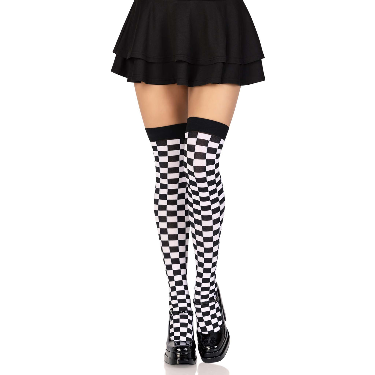 Front view of black & white checkerboard thigh highs - Golddiggers Boutique