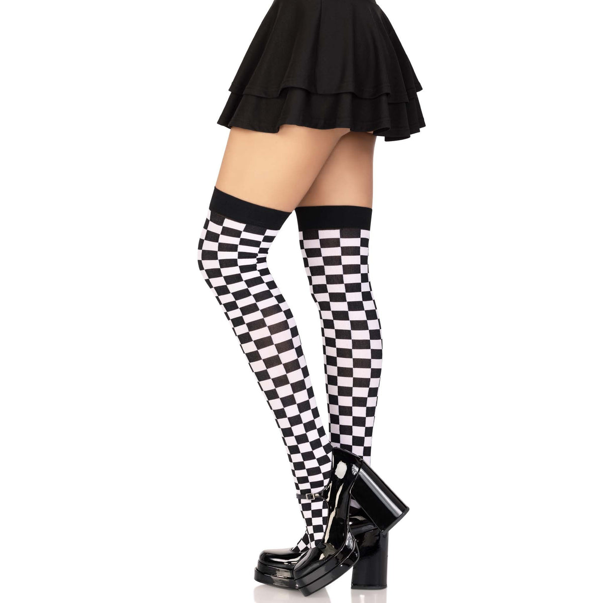 Side view of black & white checkerboard thigh highs - Golddiggers Boutique
