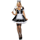 Front view of black and white French maid costume with lace apron dress - Golddiggers Boutique