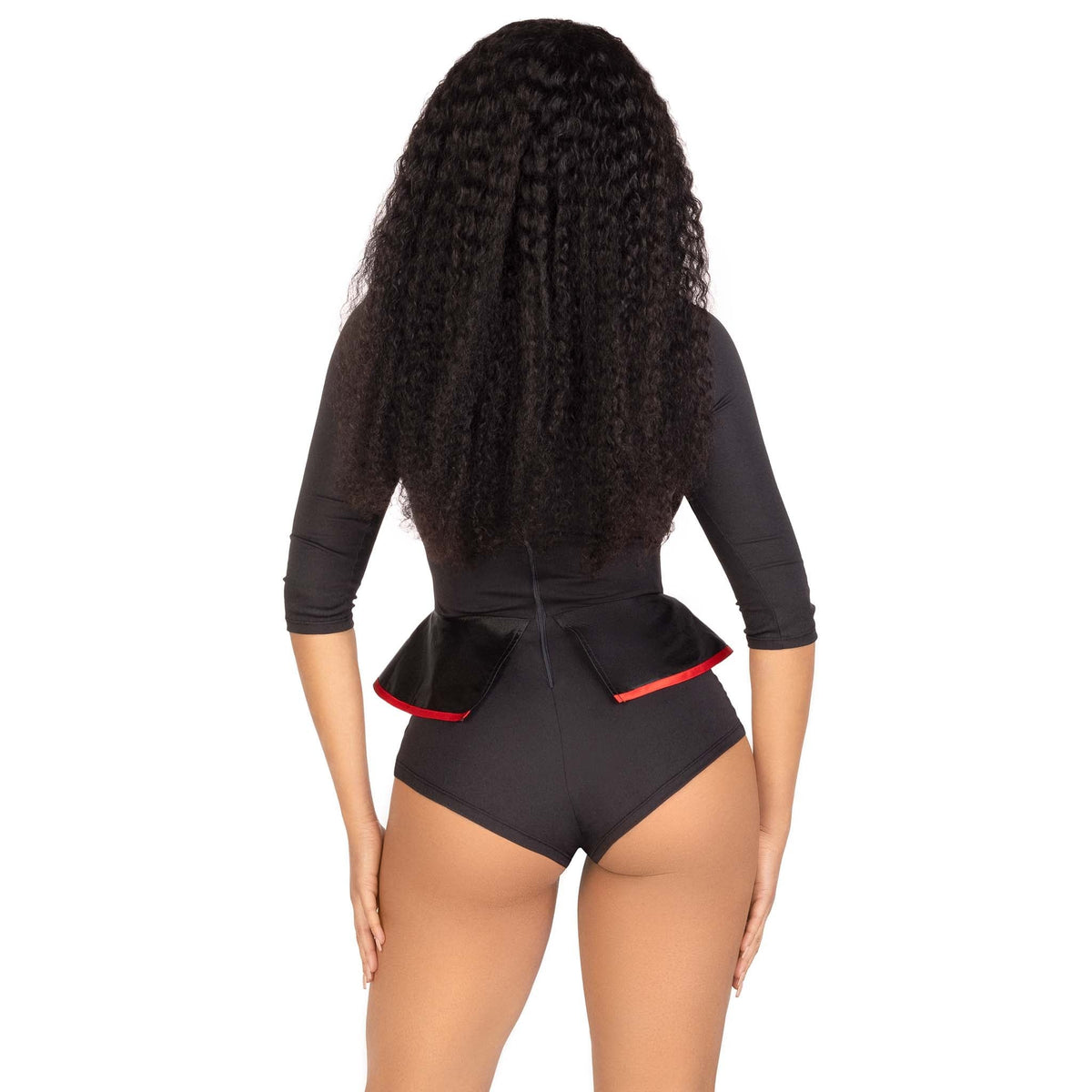 Close back view of black and white horror puppet costume tuxedo bodysuit with bow tie - Golddiggers Boutique
