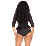 Close back view of black and white horror puppet costume tuxedo bodysuit with bow tie - Golddiggers Boutique