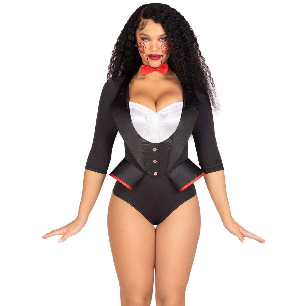 Close front view of black and white horror puppet costume tuxedo bodysuit with bow tie - Golddiggers Boutique