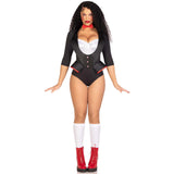 Front view of black and white horror puppet costume tuxedo bodysuit with bow tie - Golddiggers Boutique