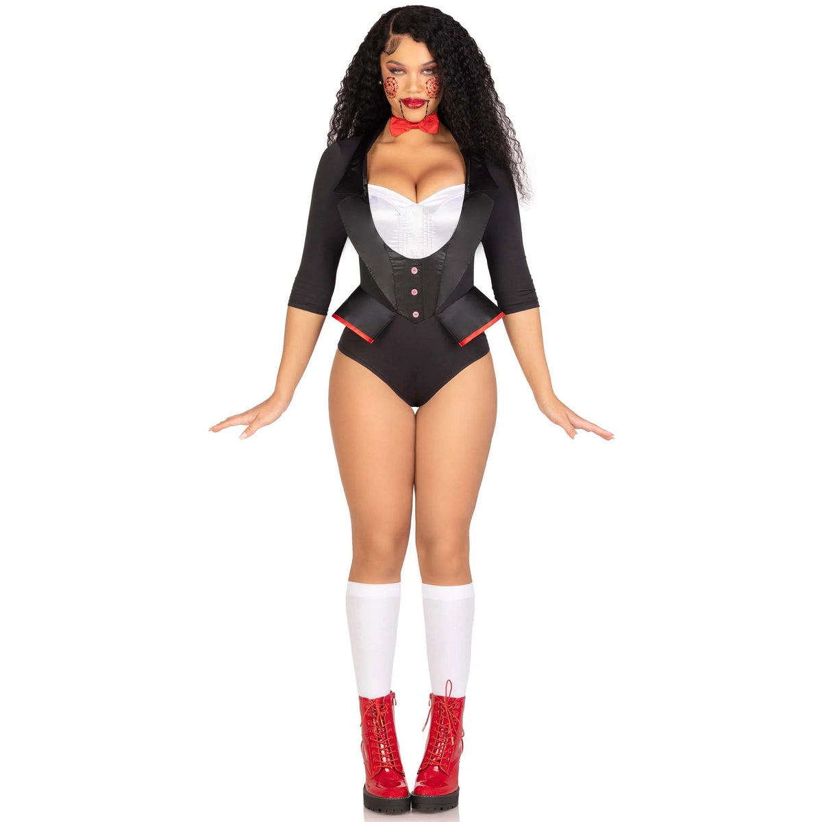 Front view of black and white horror puppet costume tuxedo bodysuit with bow tie - Golddiggers Boutique