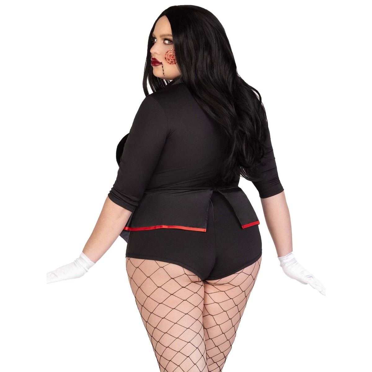 Close back view of plus size black and white horror puppet costume tuxedo bodysuit with bow tie - Golddiggers Boutique