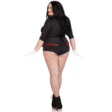 Back view of plus size black and white horror puppet costume tuxedo bodysuit with bow tie - Golddiggers Boutique