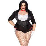 Close front view of plus size black and white horror puppet costume tuxedo bodysuit with bow tie - Golddiggers Boutique