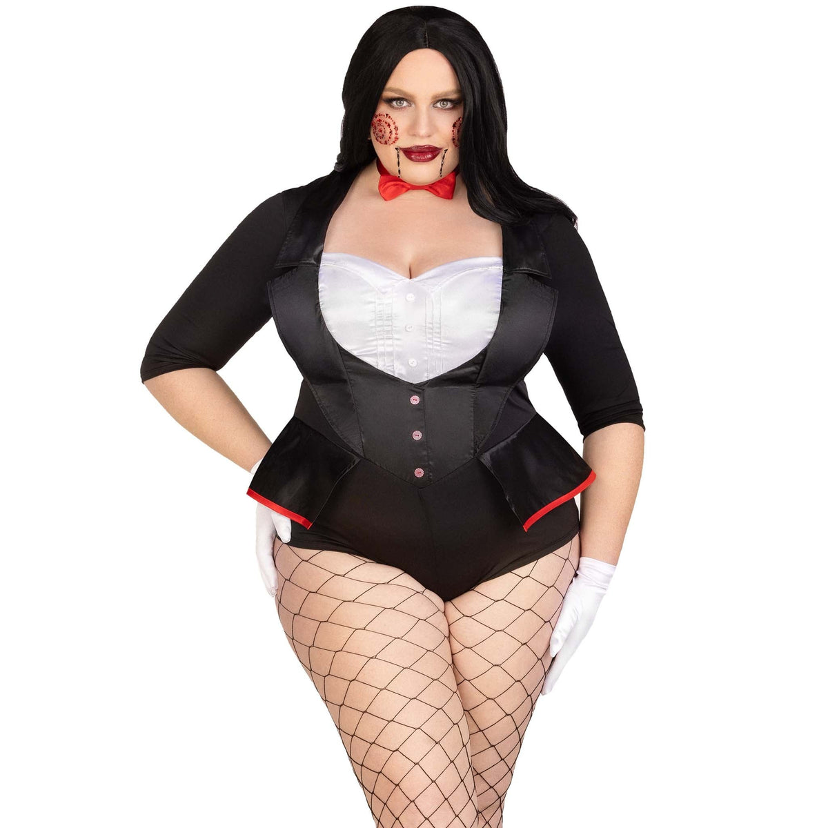 Close front view of plus size black and white horror puppet costume tuxedo bodysuit with bow tie - Golddiggers Boutique