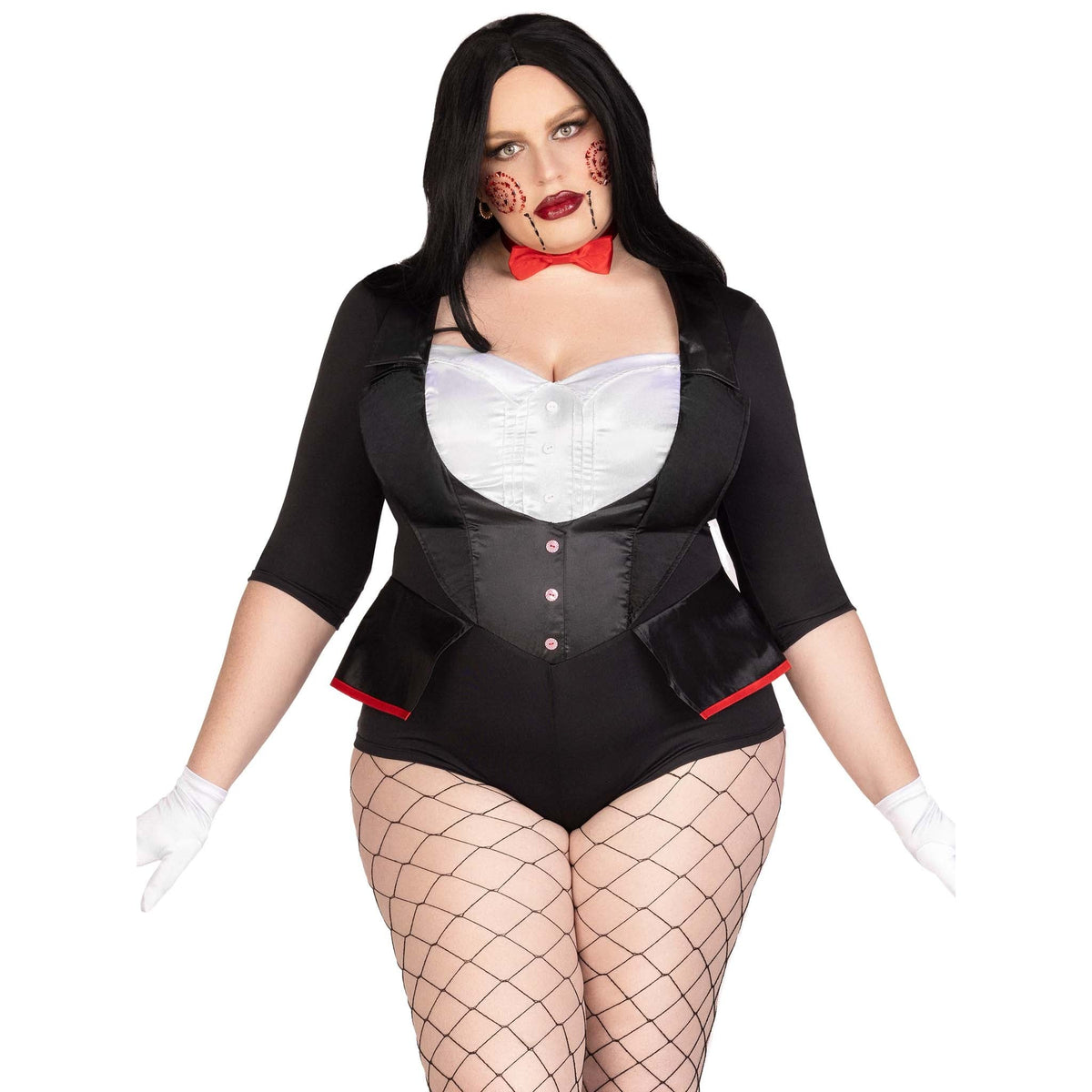 Close front pose of plus size black and white horror puppet costume tuxedo bodysuit with bow tie - Golddiggers Boutique