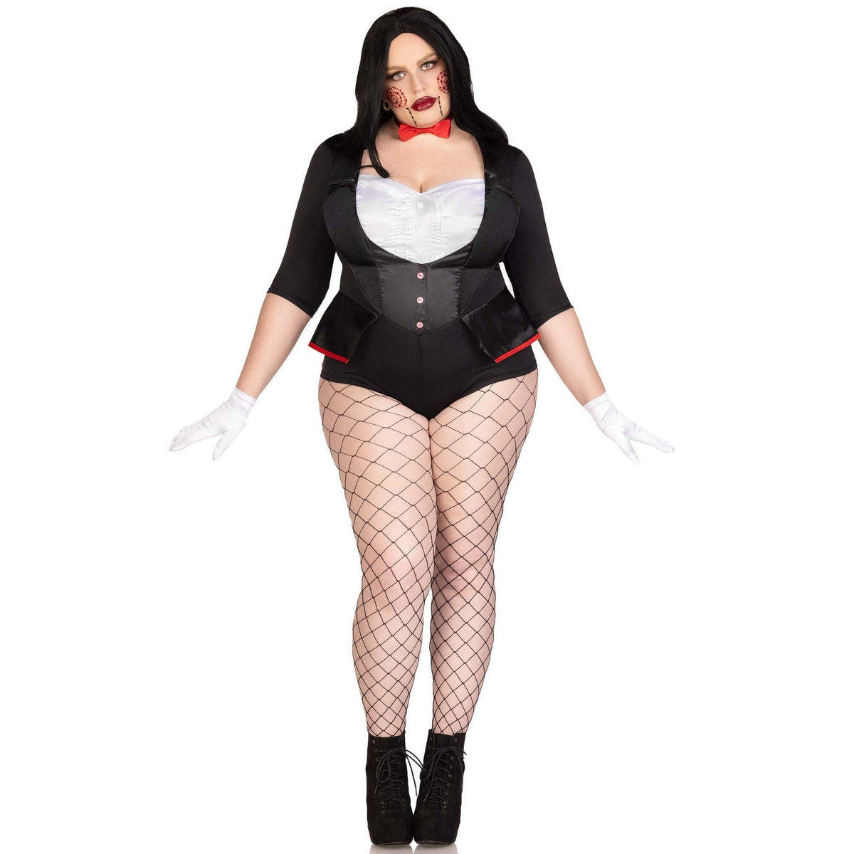 Front pose of plus size black and white horror puppet costume tuxedo bodysuit with bow tie - Golddiggers Boutique