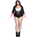 Front pose of plus size black and white horror puppet costume tuxedo bodysuit with bow tie - Golddiggers Boutique