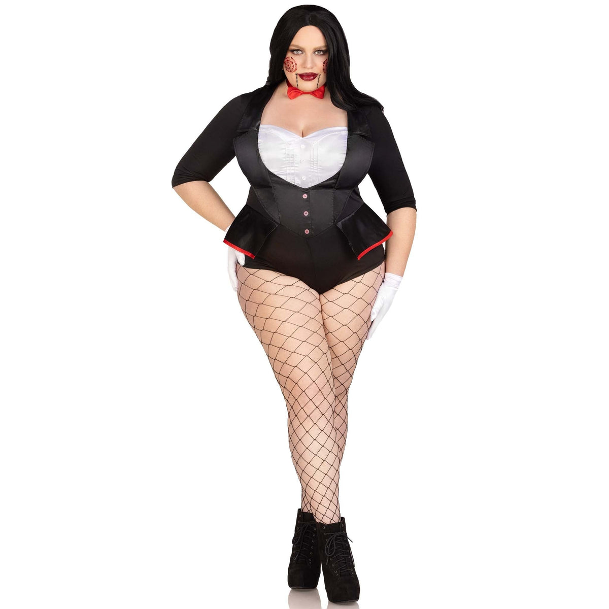 Front view of plus size black and white horror puppet costume tuxedo bodysuit with bow tie - Golddiggers Boutique