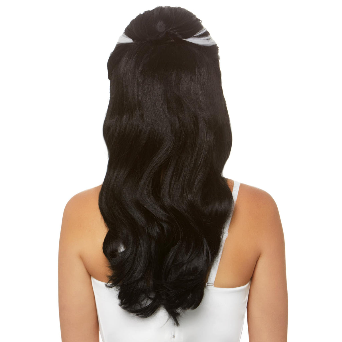 Close-up back view of black & white monster bride bouffant wig - Golddiggers Boutique