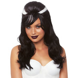 Close-up front view of black & white monster bride bouffant wig - Golddiggers Boutique