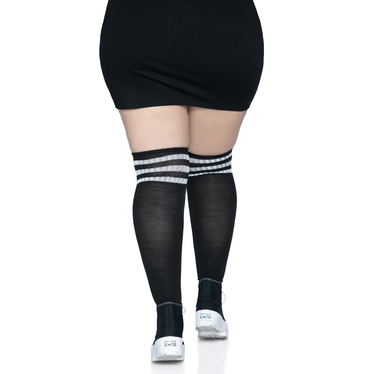Back view of black & white plus size over the knee athletic socks - Golddiggers Boutique