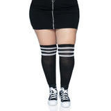 Front view of black & white plus size over the knee athletic socks - Golddiggers Boutique