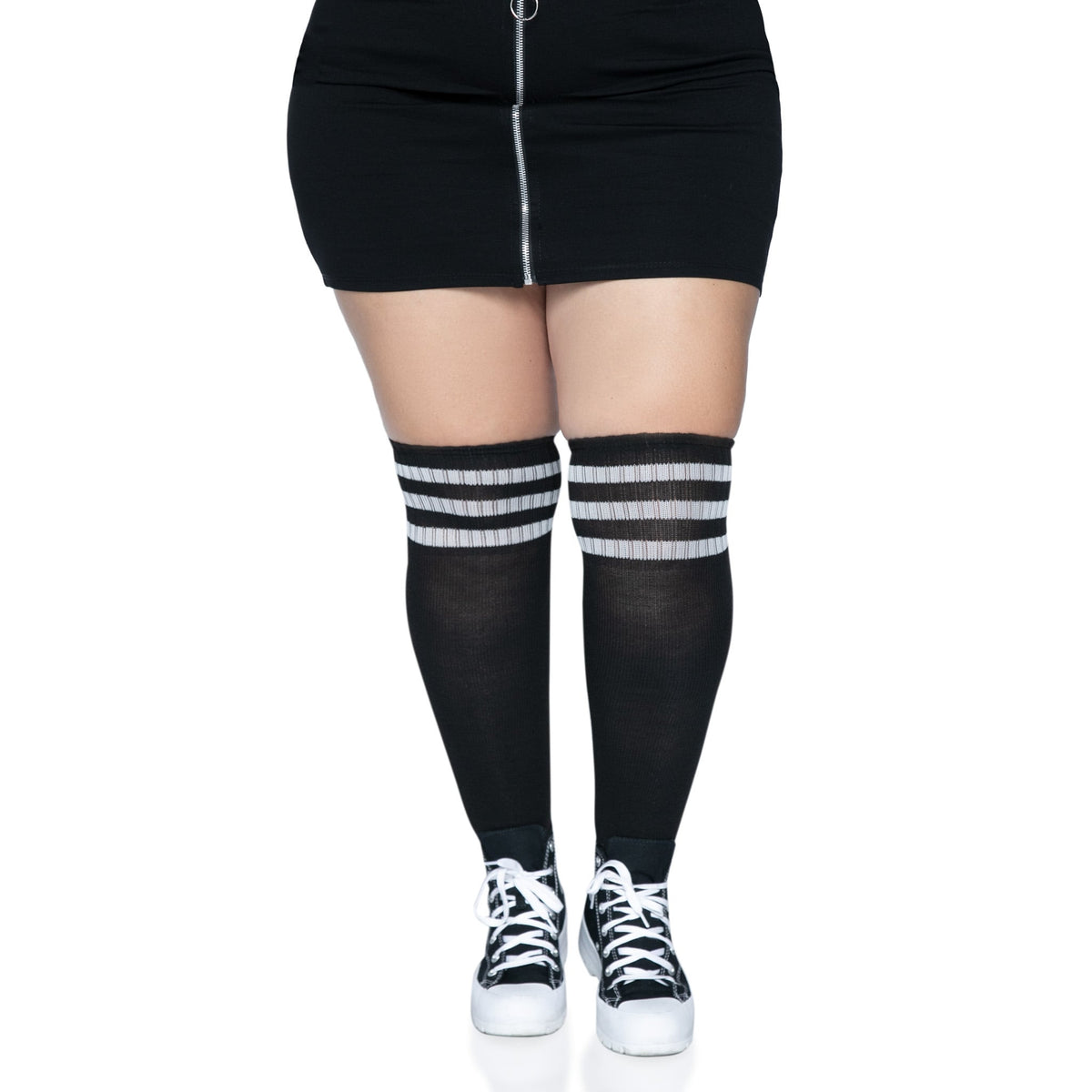 Front view of black & white plus size over the knee athletic socks - Golddiggers Boutique