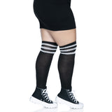 Side view of black & white plus size over the knee athletic socks - Golddiggers Boutique