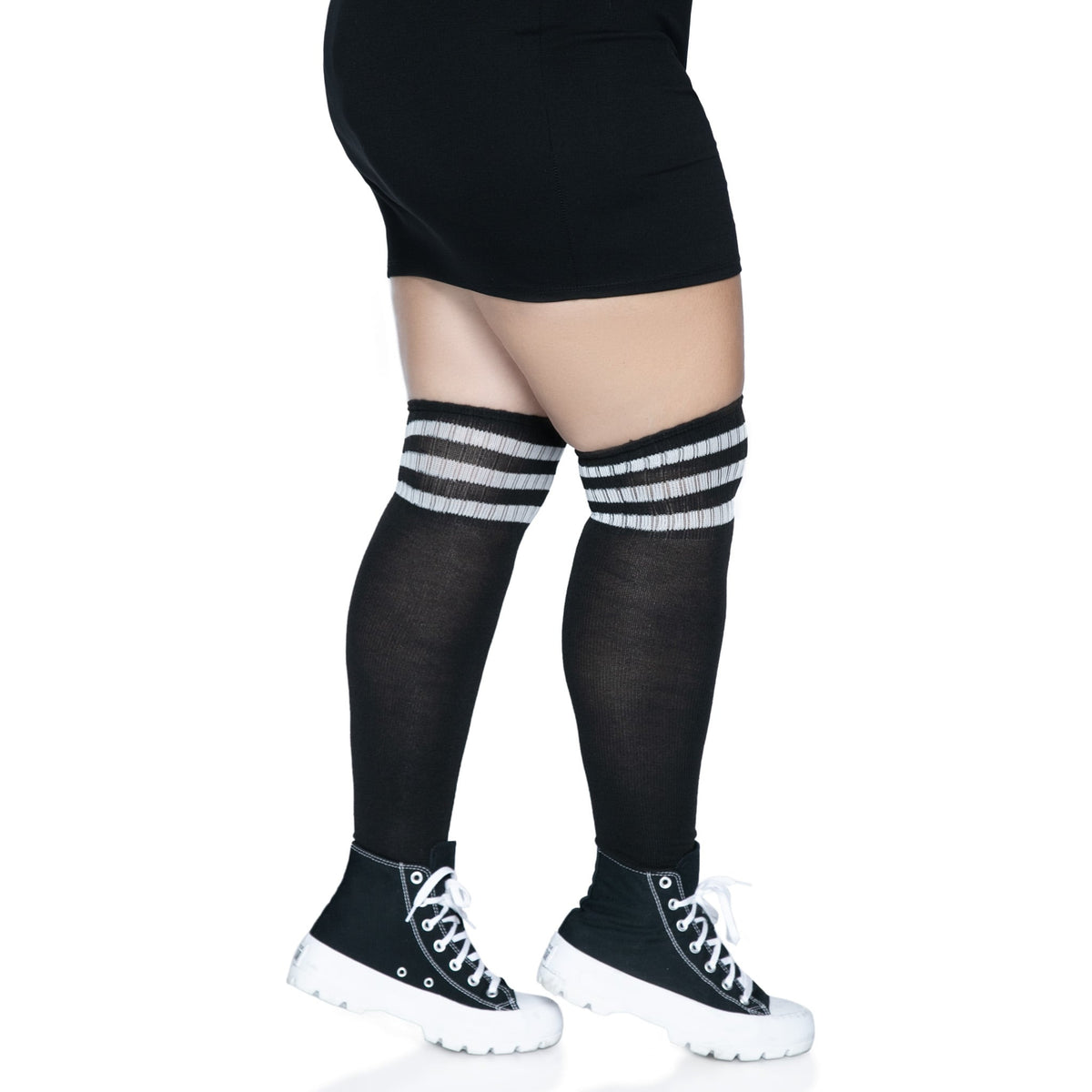 Side view of black & white plus size over the knee athletic socks - Golddiggers Boutique
