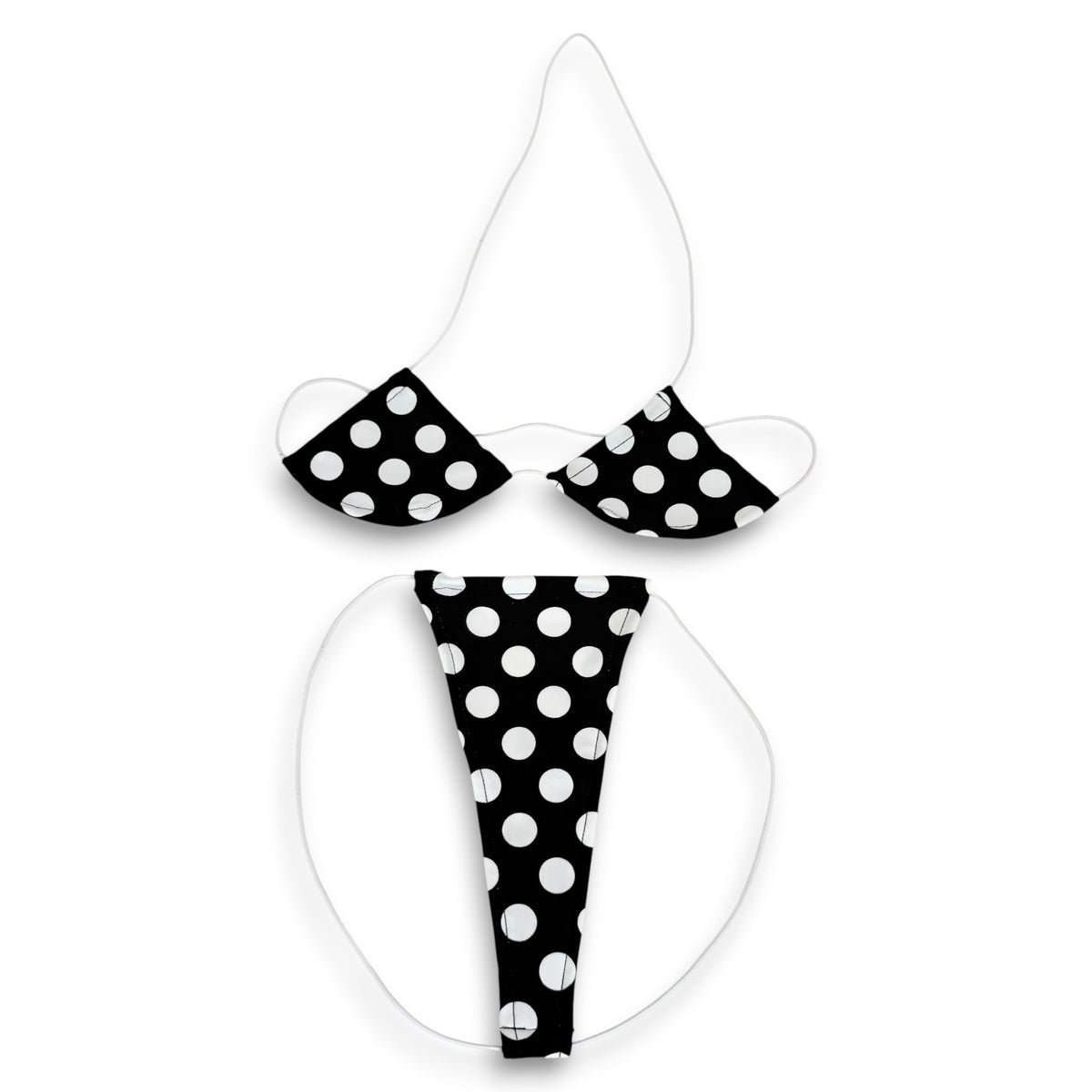 Black and White Polka Dot teeny tiny micro 'kini flat lay, black triangle top and g-string with white dots on white strings