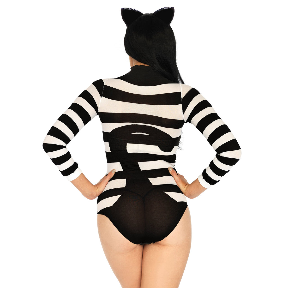Close-up back view of black & white striped cat bodysuit - Golddiggers Boutique