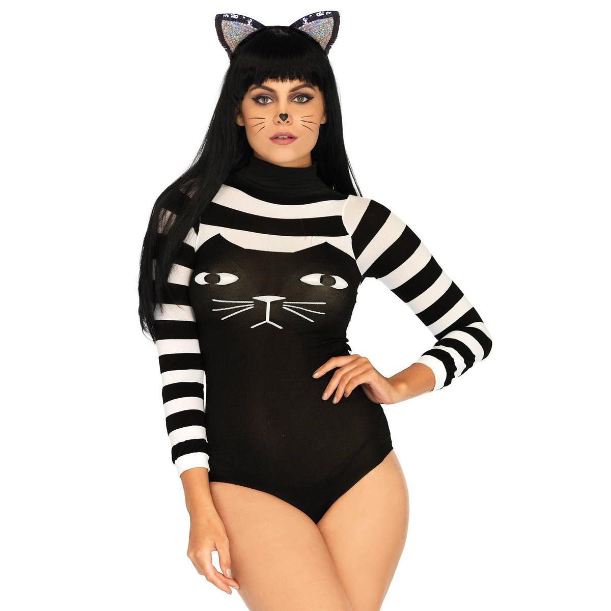 Close-up front view of black & white striped cat bodysuit - Golddiggers Boutique