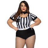 Front view of black and white striped referee costume bodysuit in plus size - Golddiggers Boutique