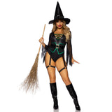 Front view of black witch costume lace-up bodysuit with garters and hat - Golddiggers Boutique