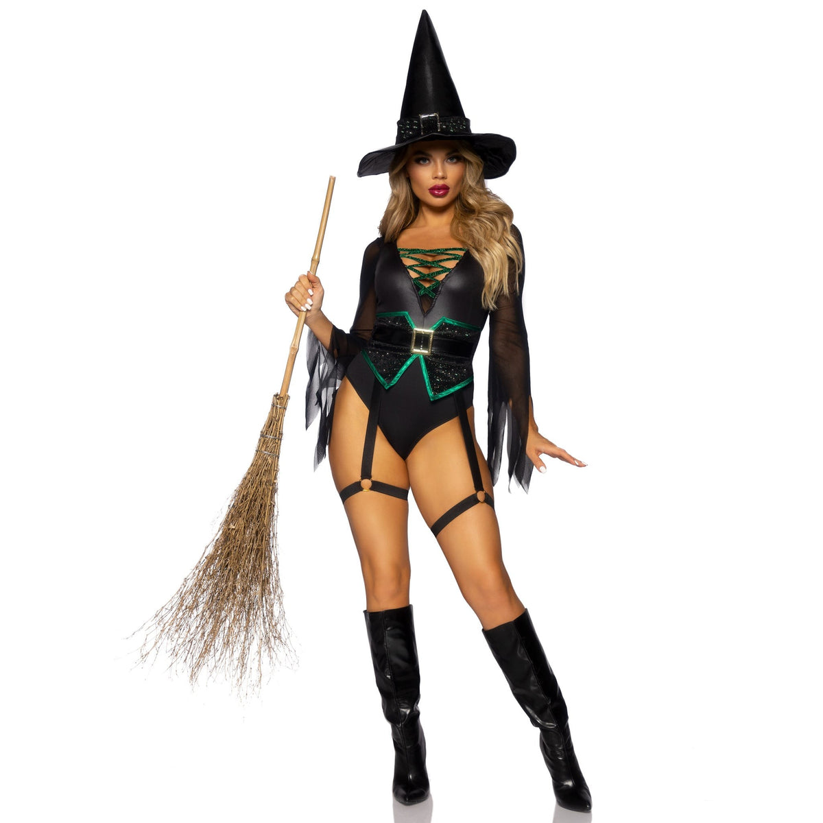 Front view of black witch costume lace-up bodysuit with garters and hat - Golddiggers Boutique