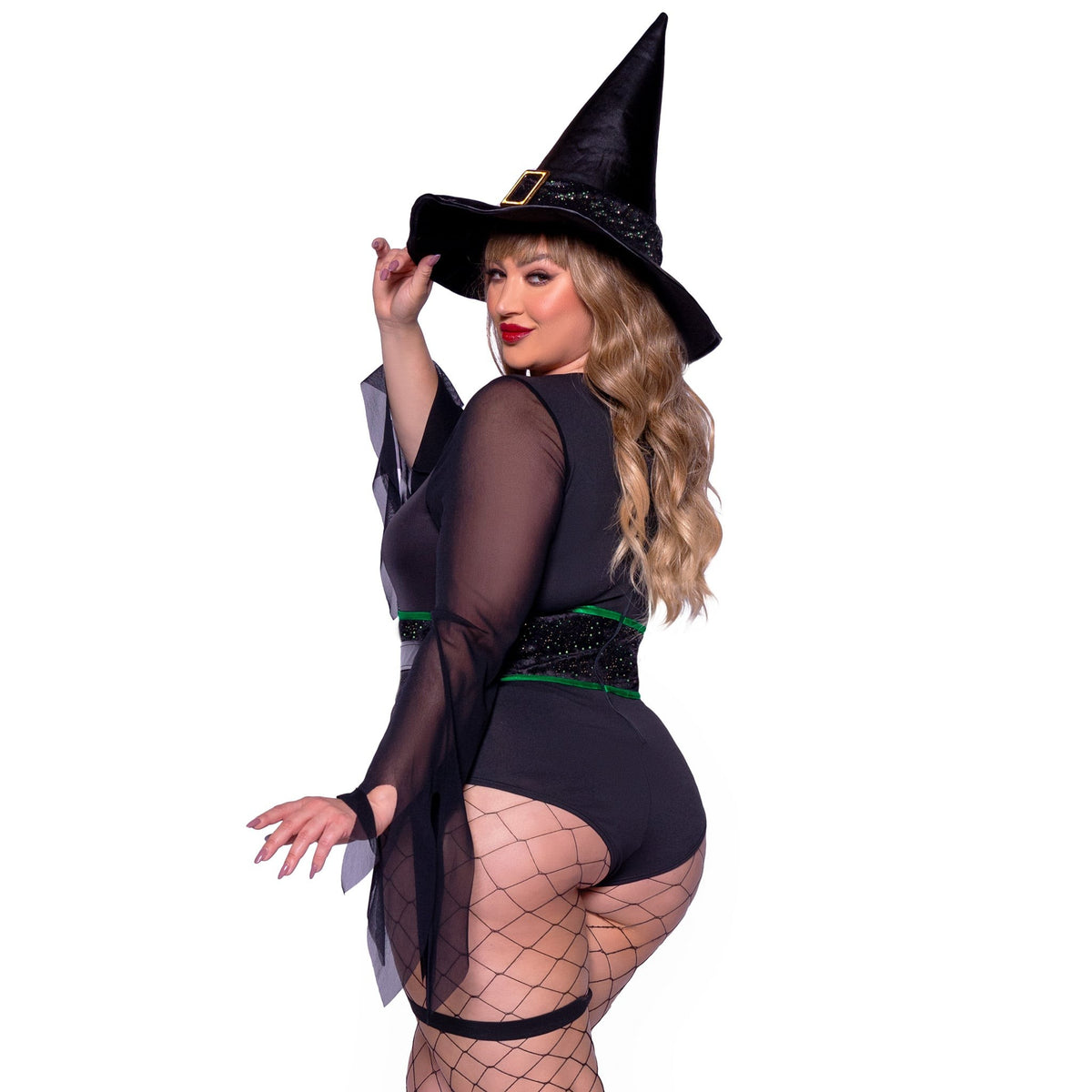 Close back view of plus size black witch costume lace-up bodysuit with garters and hat - Golddiggers Boutique