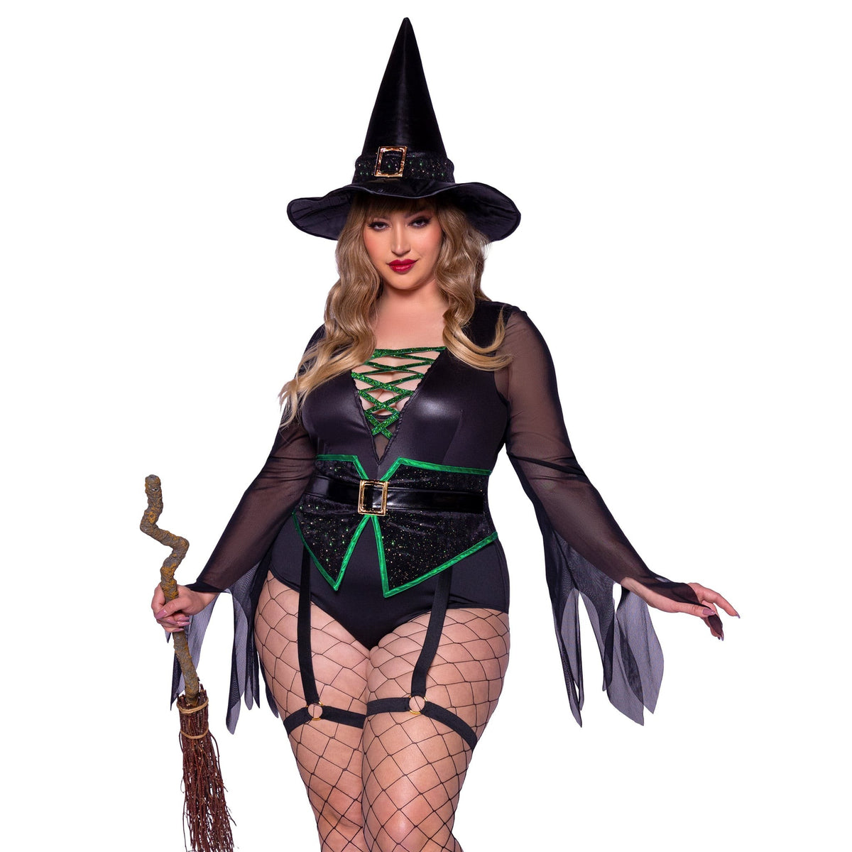 Close front view of plus size black witch costume lace-up bodysuit with garters and hat - Golddiggers Boutique