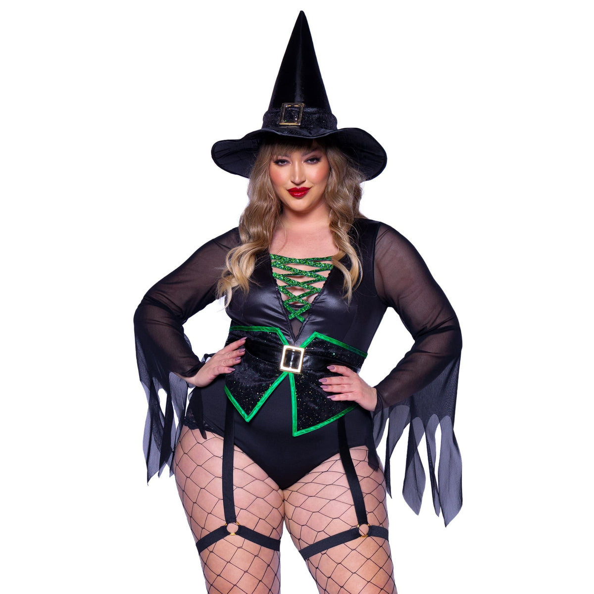 Close front pose of plus size black witch costume lace-up bodysuit with garters and hat - Golddiggers Boutique