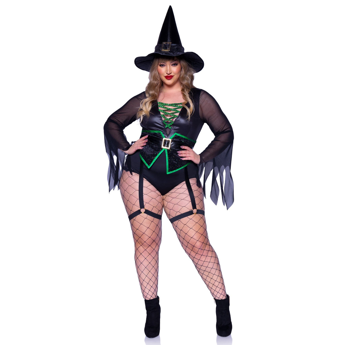 Front pose of plus size black witch costume lace-up bodysuit with garters and hat - Golddiggers Boutique