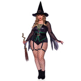 Front view of plus size black witch costume lace-up bodysuit with garters and hat - Golddiggers Boutique