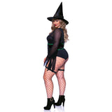 Side view of plus size black witch costume lace-up bodysuit with garters and hat - Golddiggers Boutique