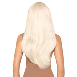 Close-up back view of blonde long straight wig with blunt bangs - Golddiggers Boutique