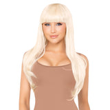 Close-up front view of blonde long straight wig with blunt bangs - Golddiggers Boutique