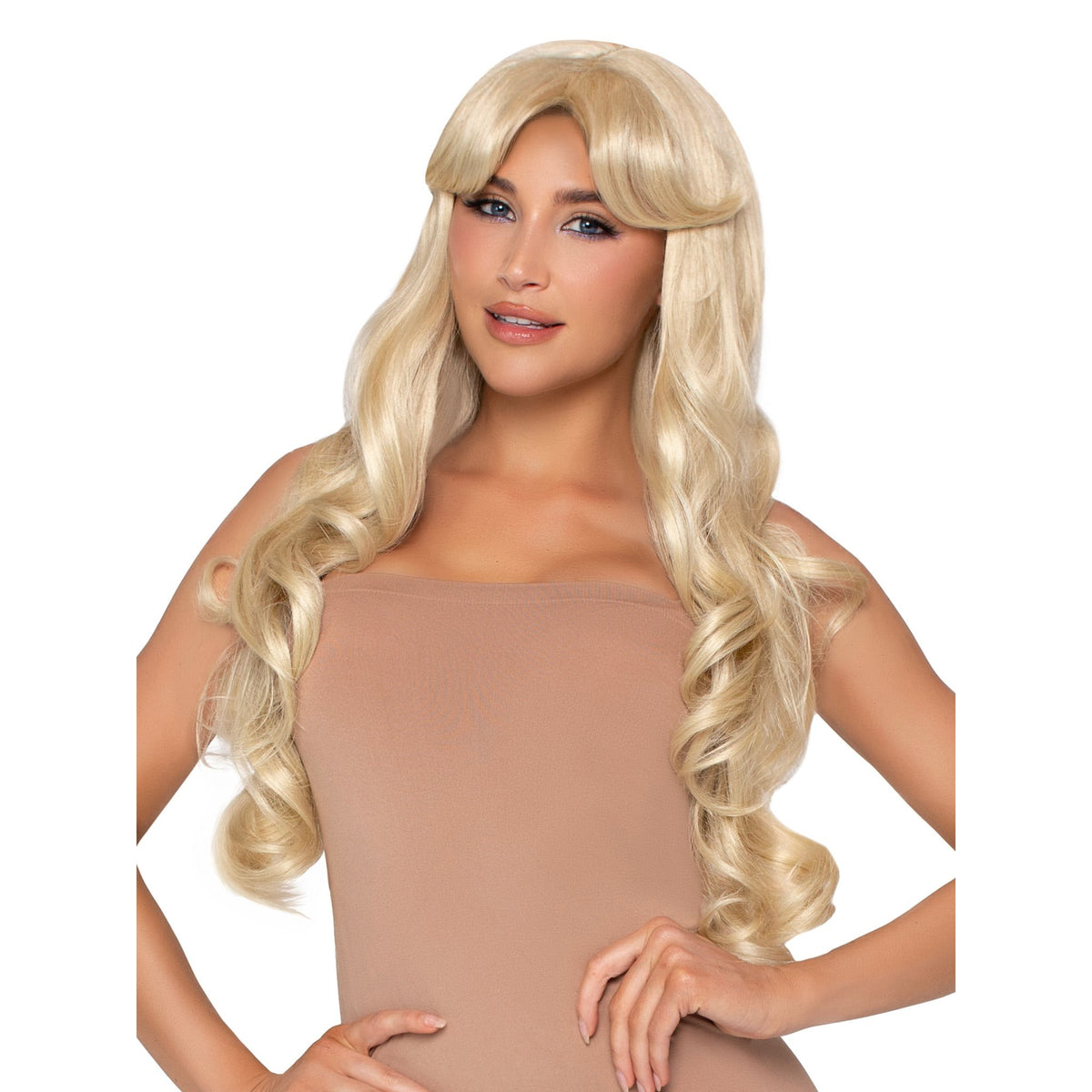 Front view of blonde 27 inch wavy wig with curtain bangs - Golddiggers Boutique