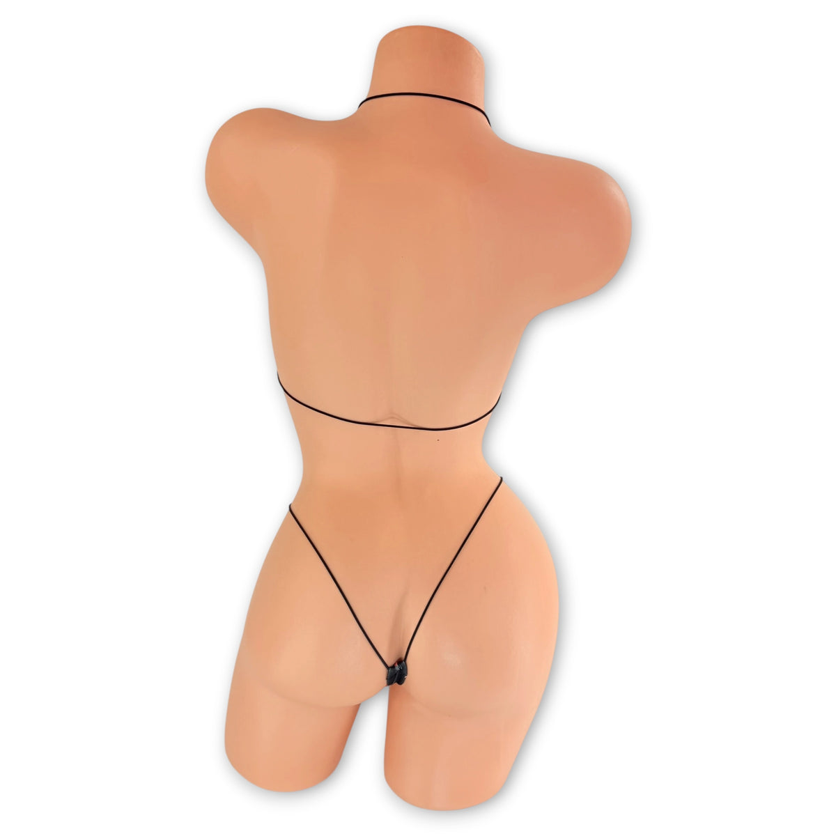 Back view of Bloody Knives micro 'kini on mannequin showing black elastic string ties and g-string back