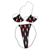 Bloody Knives teeny tiny micro 'kini flat lay, black triangle top and g-string with red and white bloody knife print
